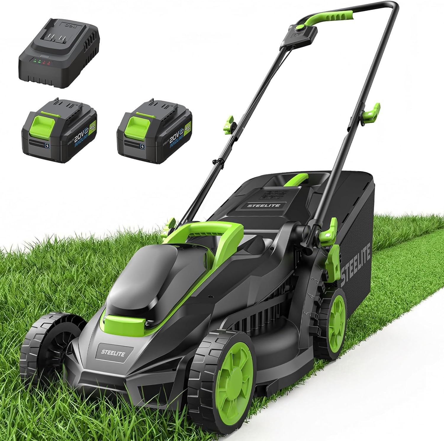 STEELITE 20V 13-Inch Electric Lawn Mower, Brushless Cordless Push Mower with 2 x 4.0Ah Batteries for Extended Runtime & Charger, 5-Position Height Adjustment - 1