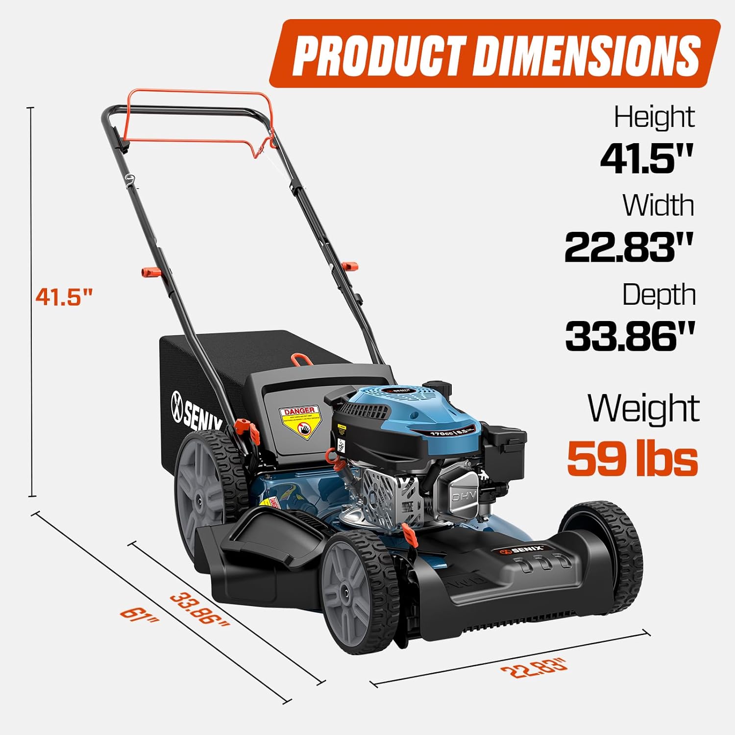 SENIX 21'' Self-Propelled Gas Lawn Mower (FWD), 170 cc 4-Cycle Engine 3.8 HP, 3-in-1 (Bagging/Mulching/Side Discharge), 6-Position Cutting Height Adjustment, 1.7 Bushels Grass Bag - Image 7