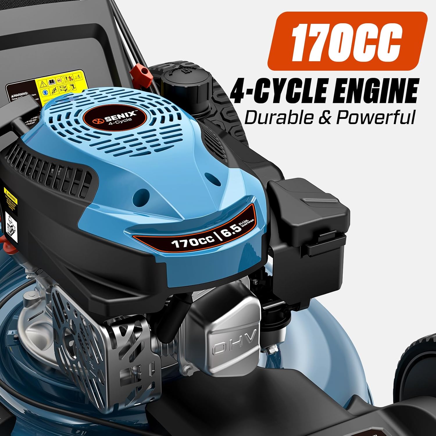 SENIX 21'' Self-Propelled Gas Lawn Mower (FWD), 170 cc 4-Cycle Engine 3.8 HP, 3-in-1 (Bagging/Mulching/Side Discharge), 6-Position Cutting Height Adjustment, 1.7 Bushels Grass Bag - Image 5