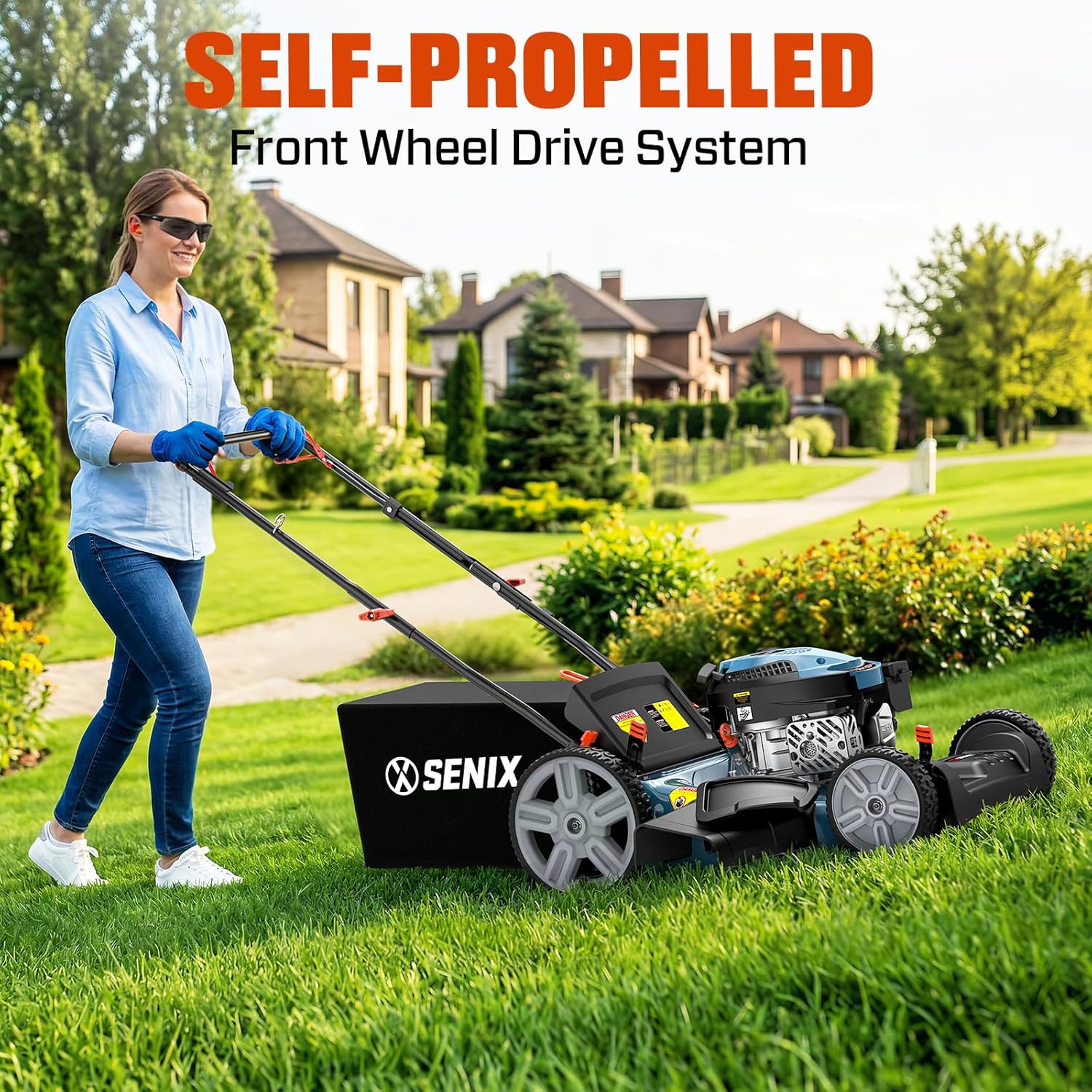 SENIX 21'' Self-Propelled Gas Lawn Mower (FWD), 170 cc 4-Cycle Engine 3.8 HP, 3-in-1 (Bagging/Mulching/Side Discharge), 6-Position Cutting Height Adjustment, 1.7 Bushels Grass Bag - Image 6