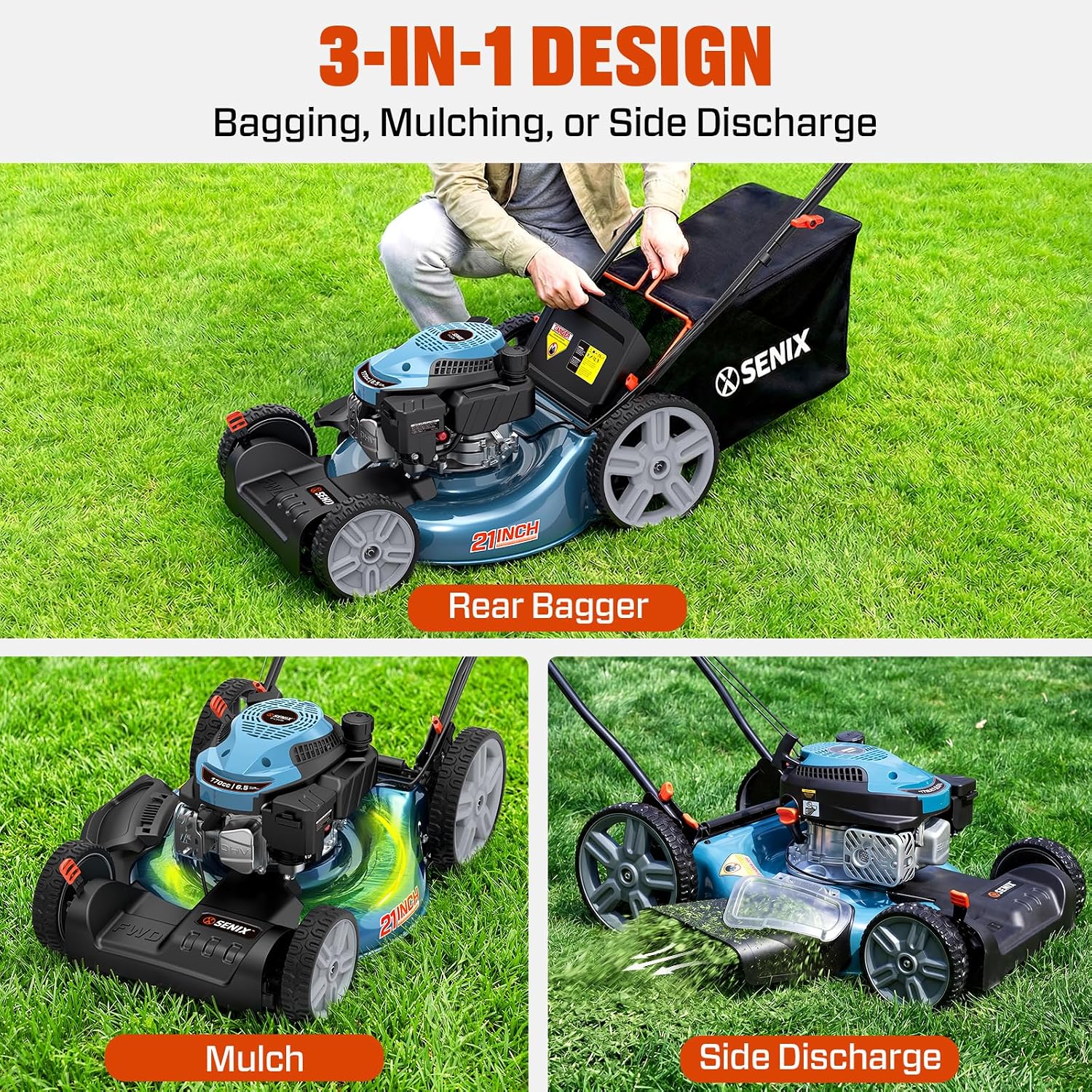 SENIX 21'' Self-Propelled Gas Lawn Mower (FWD), 170 cc 4-Cycle Engine 3.8 HP, 3-in-1 (Bagging/Mulching/Side Discharge), 6-Position Cutting Height Adjustment, 1.7 Bushels Grass Bag - Image 4