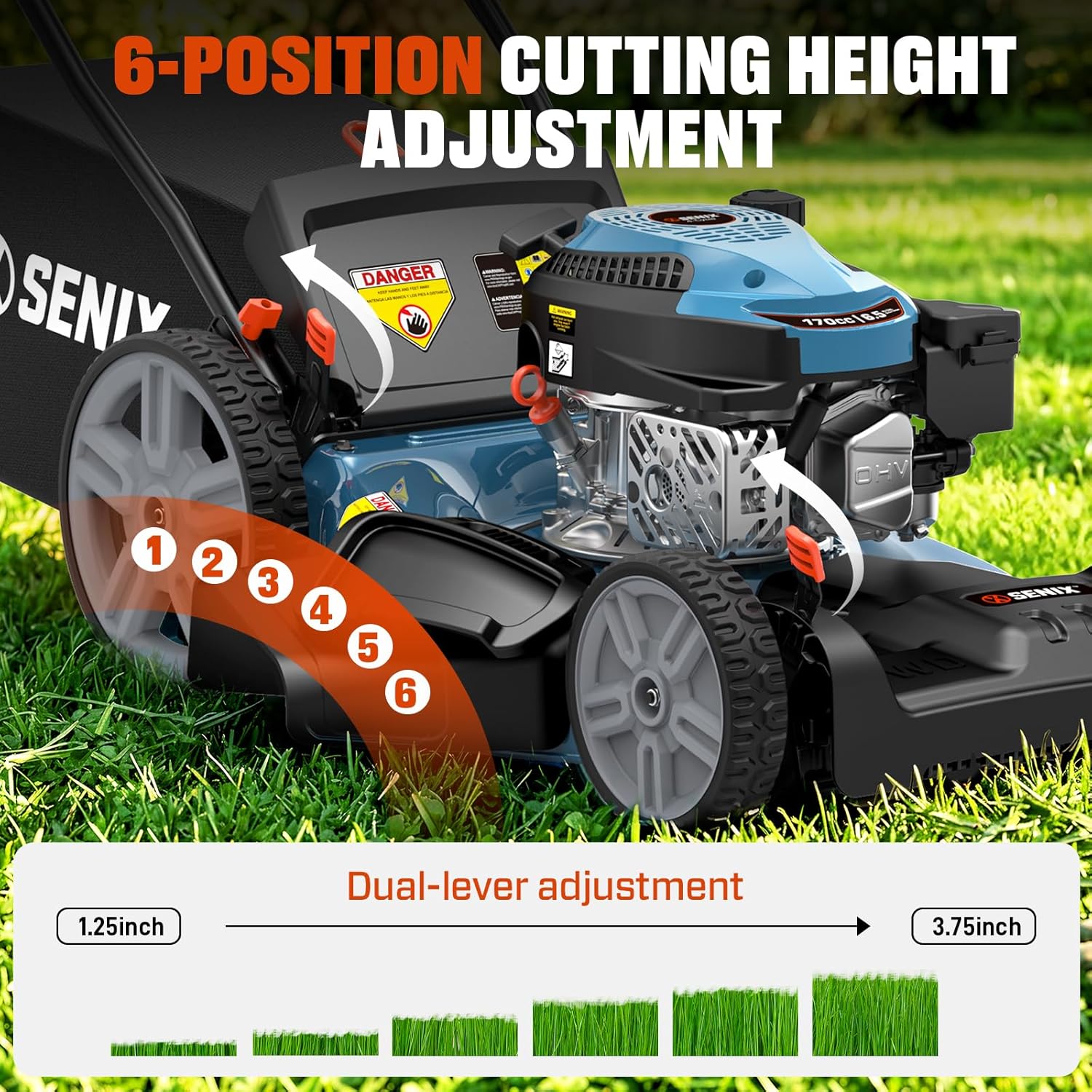SENIX 21'' Self-Propelled Gas Lawn Mower (FWD), 170 cc 4-Cycle Engine 3.8 HP, 3-in-1 (Bagging/Mulching/Side Discharge), 6-Position Cutting Height Adjustment, 1.7 Bushels Grass Bag - Image 2