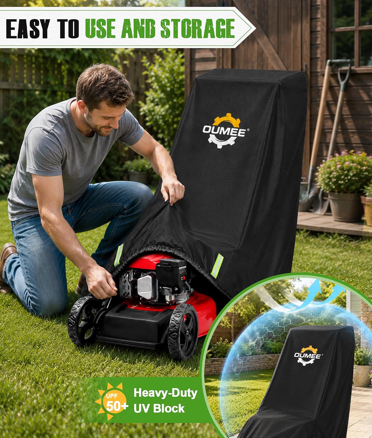 600D Oxford Cloth PU Coated Push Lawn Mower Cover for Outdoor Storage - Image 2