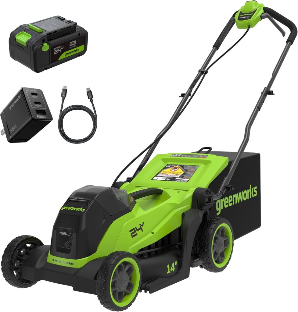 Greenworks 24V 14in Push Lawn Mower, 5.0 Ah Battery and Charger - 1