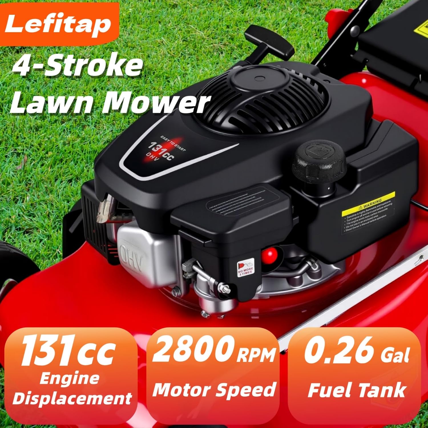 131cc Walk-Behind Gas Lawn Mower, 3 in 1 Push Lawn Mower with 50L Grass Bag - Image 9