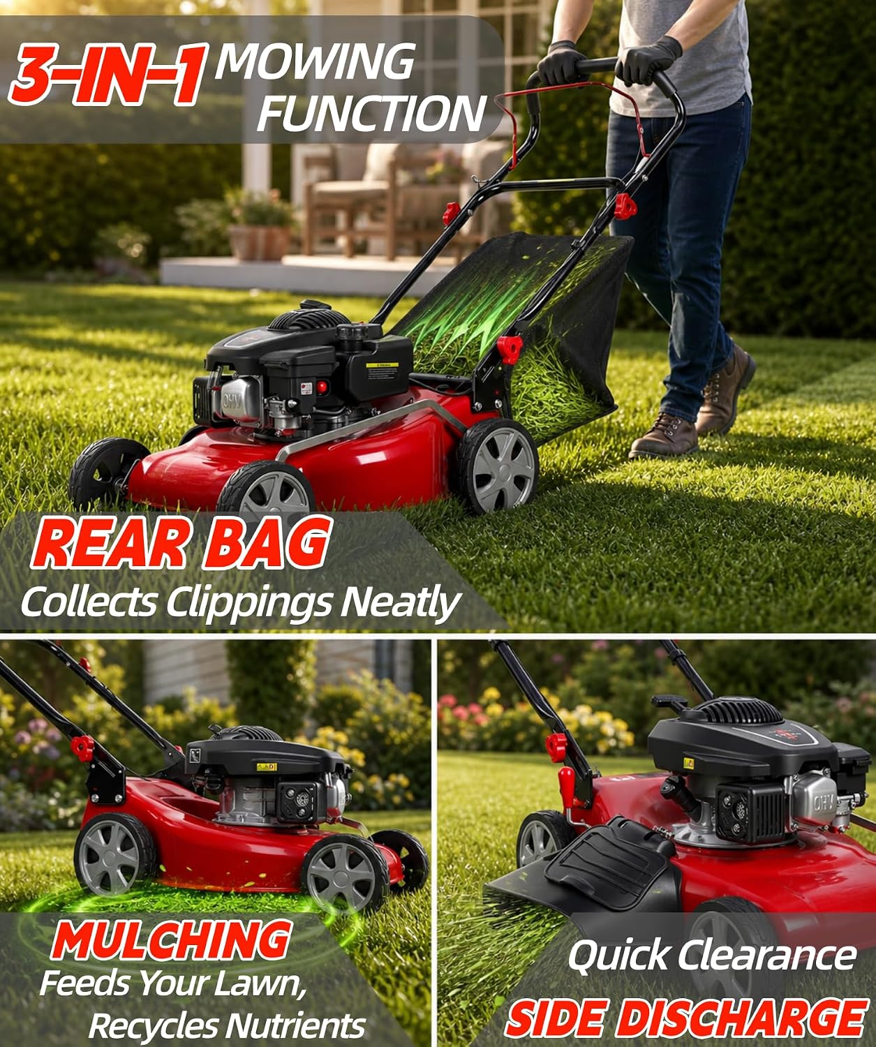 131cc Walk-Behind Gas Lawn Mower, 3 in 1 Push Lawn Mower with 50L Grass Bag - Image 8