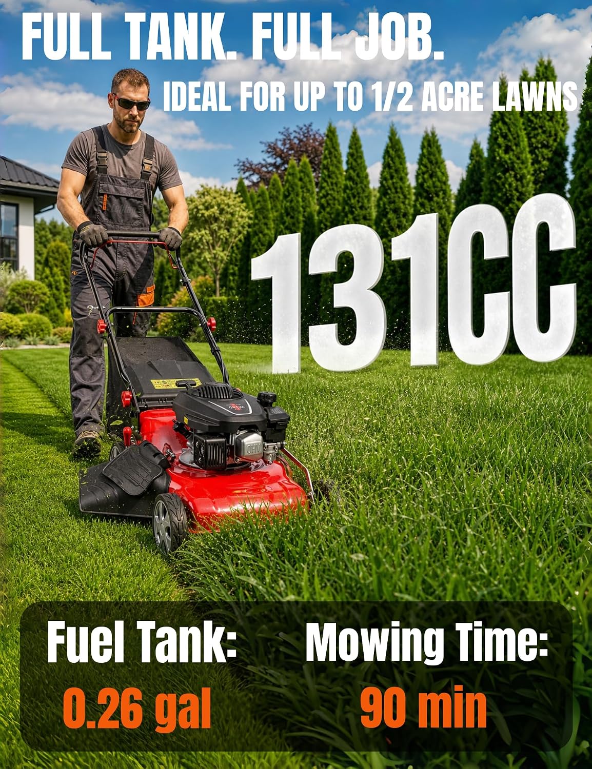 131cc Walk-Behind Gas Lawn Mower, 3 in 1 Push Lawn Mower with 50L Grass Bag - Image 7