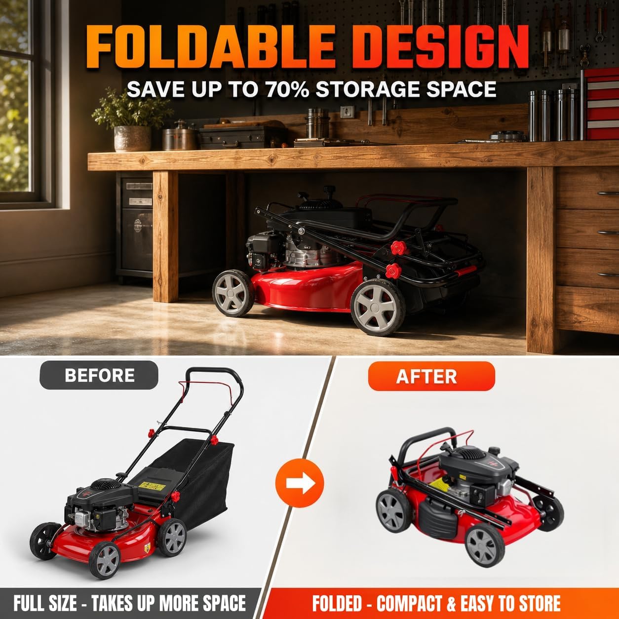 131cc Walk-Behind Gas Lawn Mower, 3 in 1 Push Lawn Mower with 50L Grass Bag - Image 4