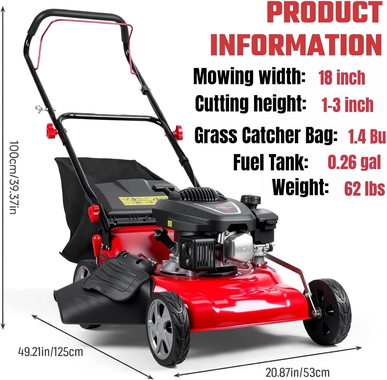 131cc Walk-Behind Gas Lawn Mower, 3 in 1 Push Lawn Mower with 50L Grass Bag - Image 2