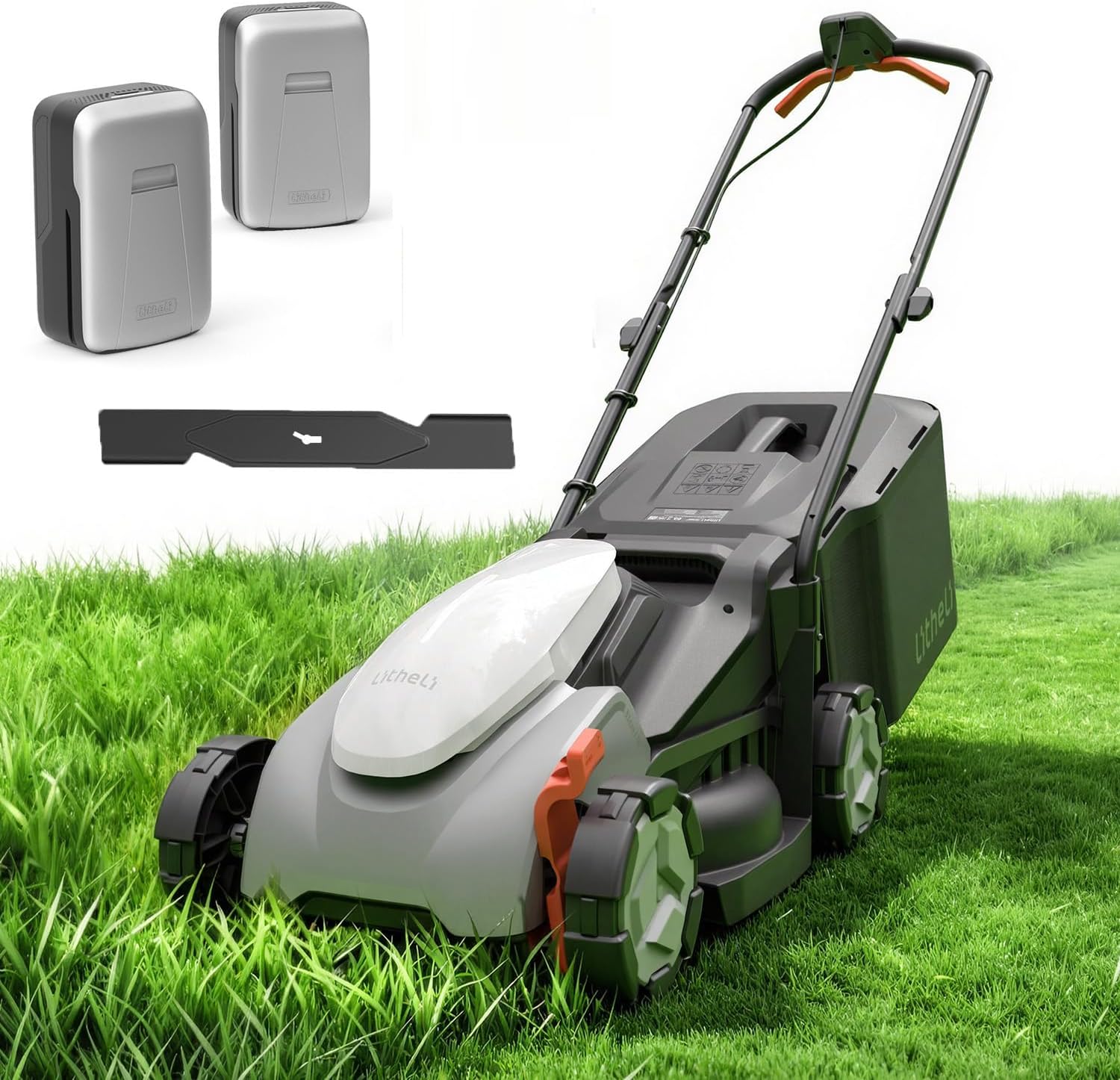 Litheli 14 Inch Cordless Lawn Mower, Brushless Electric Push Mower with 2x5.0Ah Batteries, 5-Position Height Adjustment, 9-Gallon Grass Catcher for Garden Yard Farm - 1