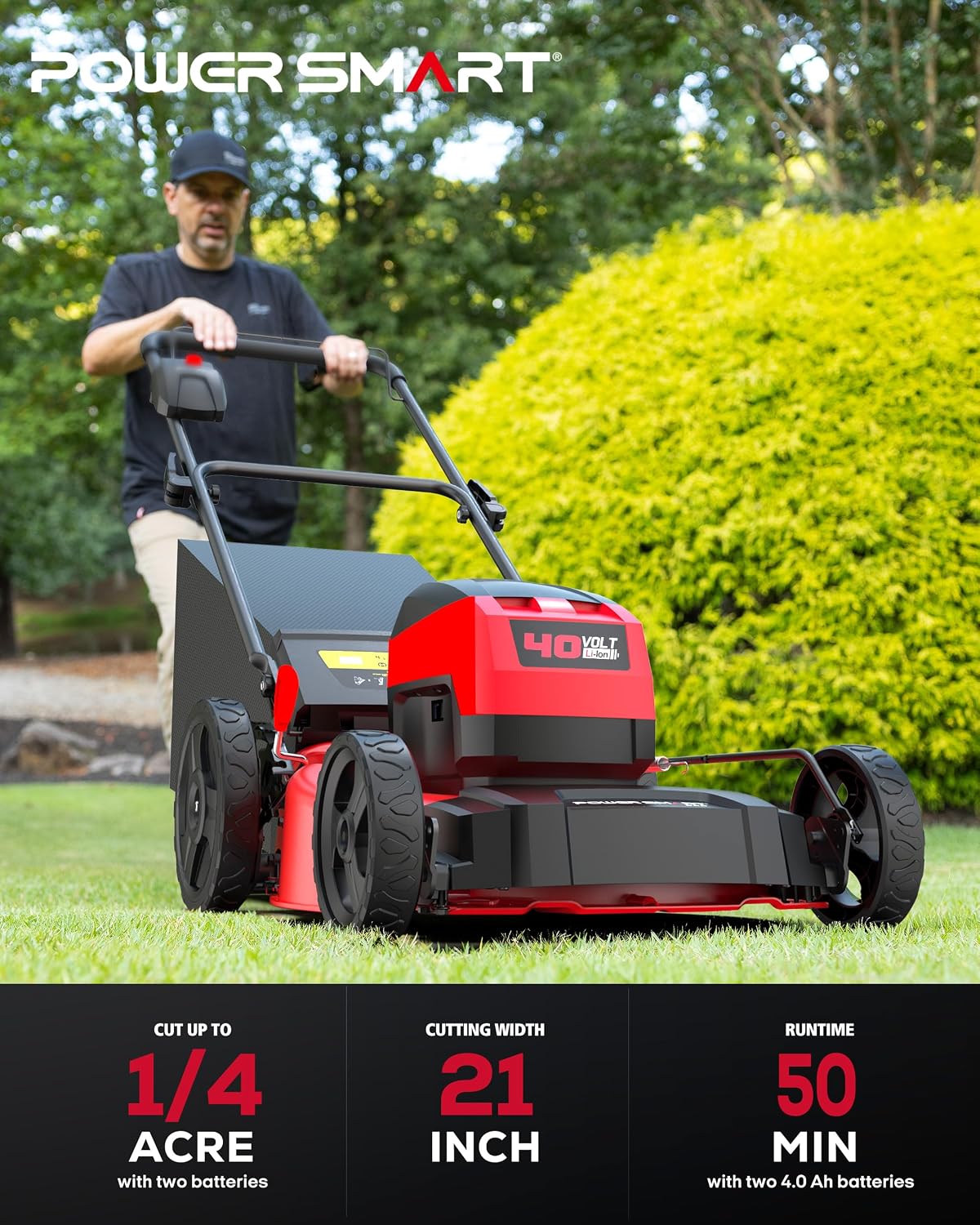 PowerSmart 40V 21" Cordless Lawn Mower, Up to 1/4 Acre, 2 x 40V 4.0Ah Batteries and a Charger Included, 6-Position Height Adjustment - Image 9