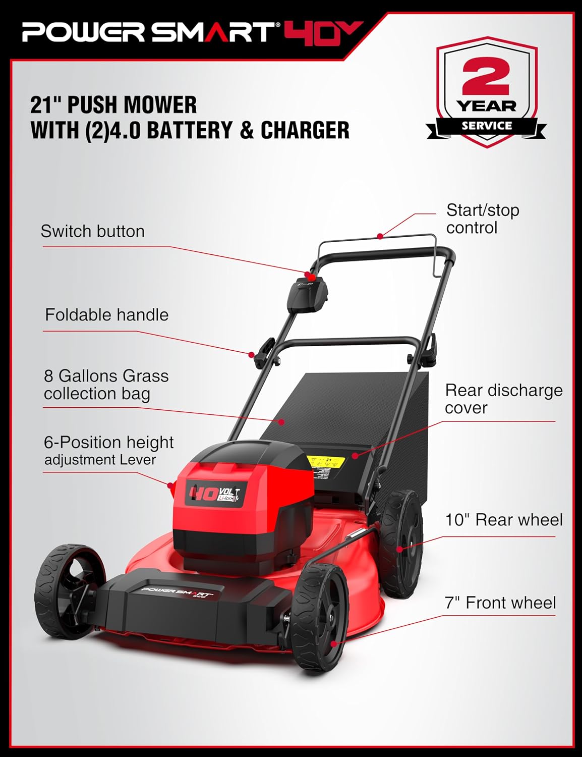 PowerSmart 40V 21" Cordless Lawn Mower, Up to 1/4 Acre, 2 x 40V 4.0Ah Batteries and a Charger Included, 6-Position Height Adjustment - Image 6