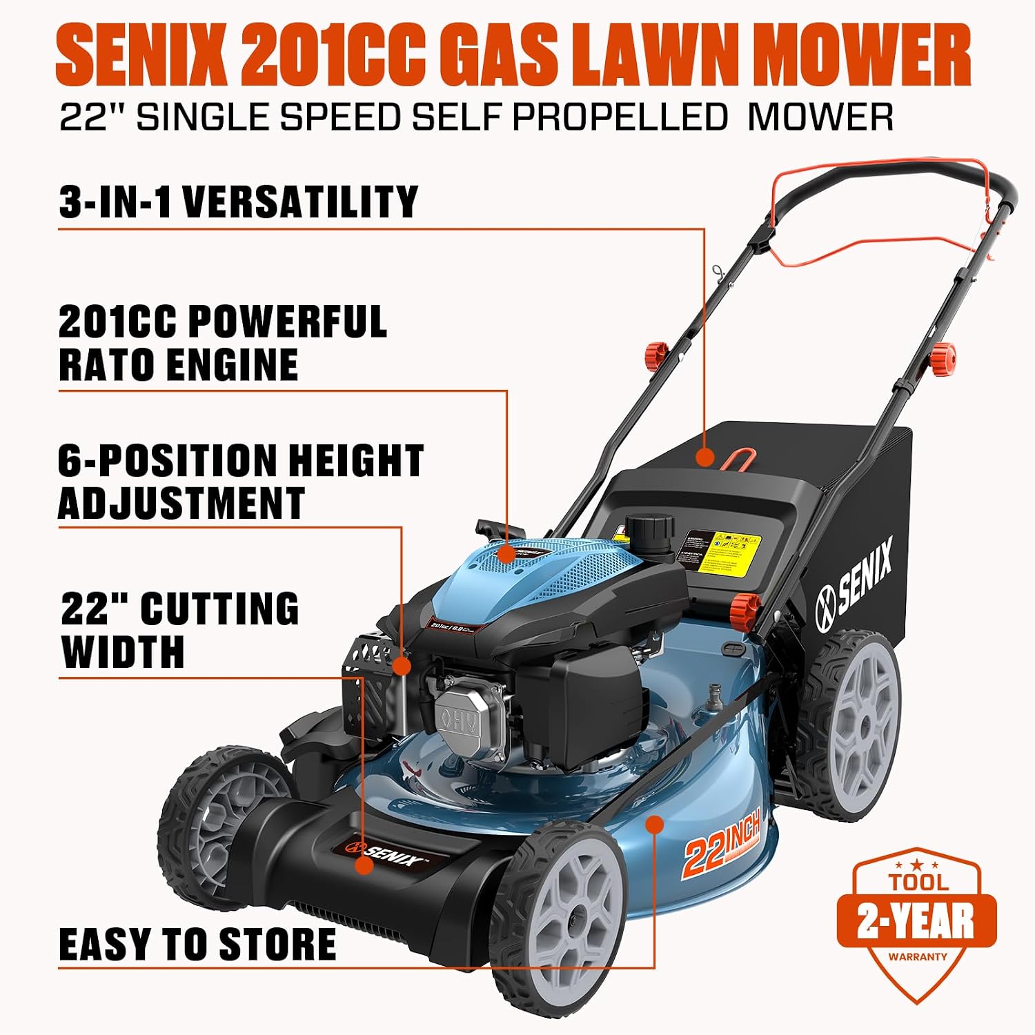 SENIX 201cc 22" 3-in-1 Single Speed Self Propelled Gas Lawn Mower - Image 8