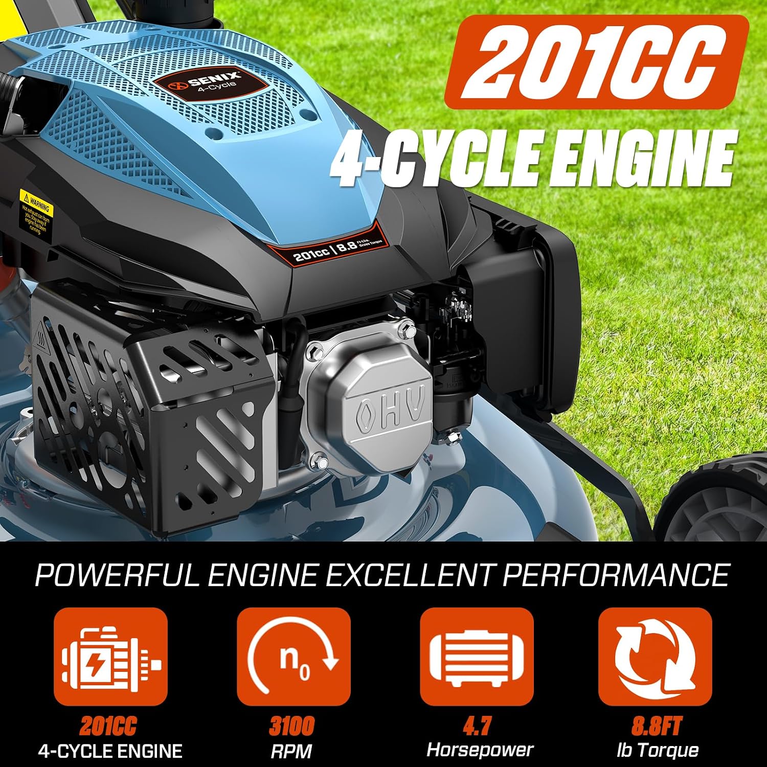 SENIX 201cc 22" 3-in-1 Single Speed Self Propelled Gas Lawn Mower - Image 7