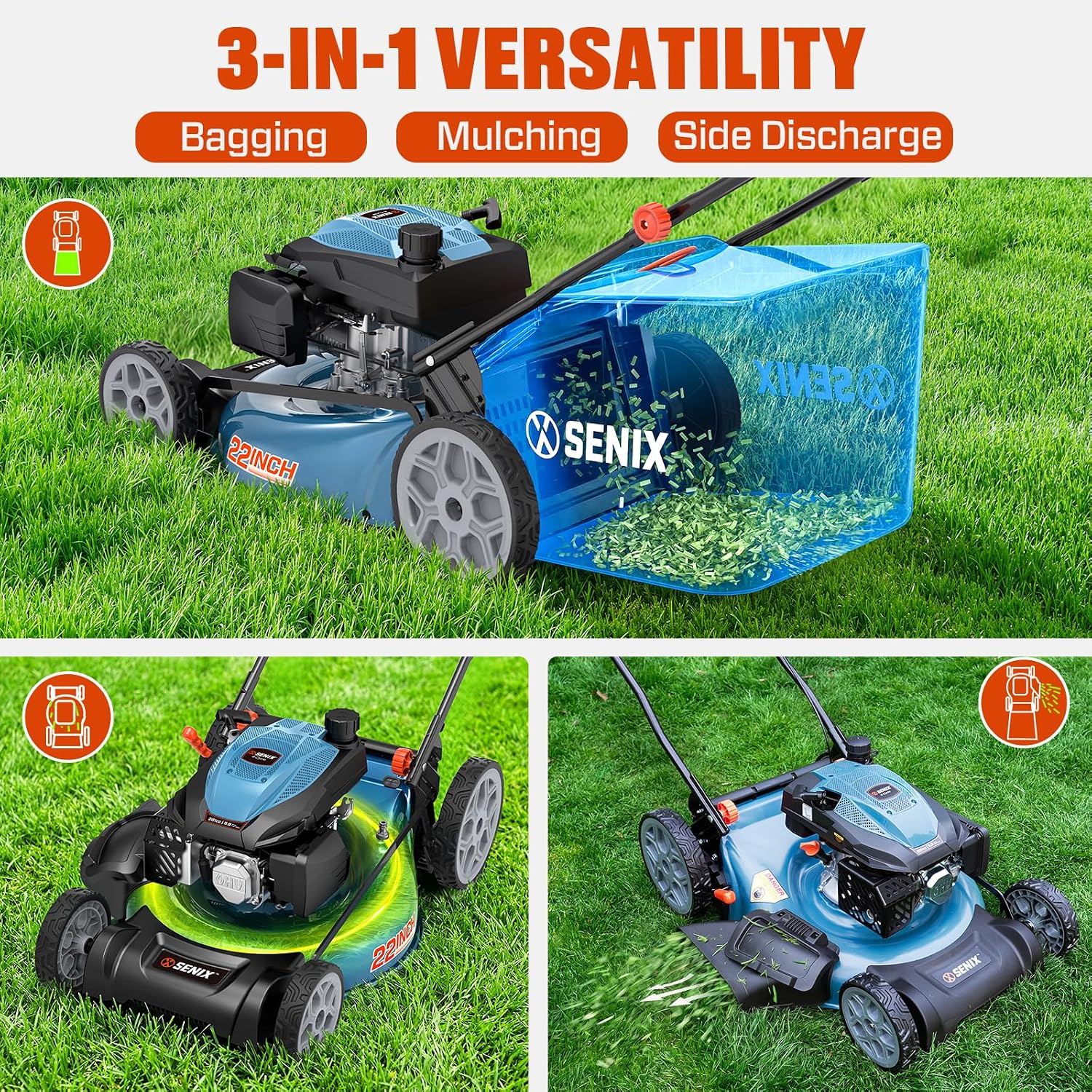 SENIX 201cc 22" 3-in-1 Single Speed Self Propelled Gas Lawn Mower - Image 4