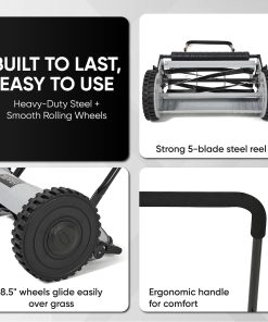 Alternative view of 16" Push Reel Lawn Mower – Manual 5-Blade Hand Mower with Adjustable 3-Position Cutting Height (0.5"–1.75") – Lightweight, Eco-Friendly, Steel Blades – 2-Year Warranty