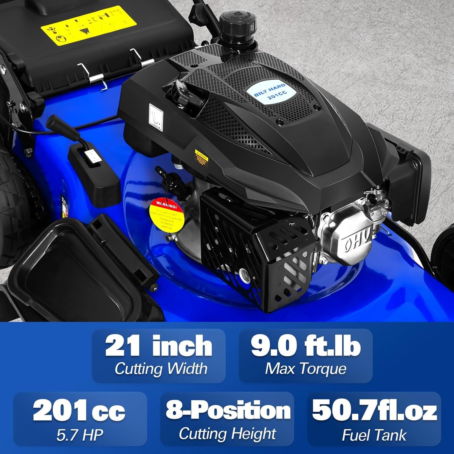 BILT HARD 21" Self Propelled Gas Lawn Mower – 201cc 4-Cycle OHV, 3-in-1 Bagging/Mulching/Side Discharge, 8 Adjustable Cutting Heights & Smooth Easy Start - Image 8