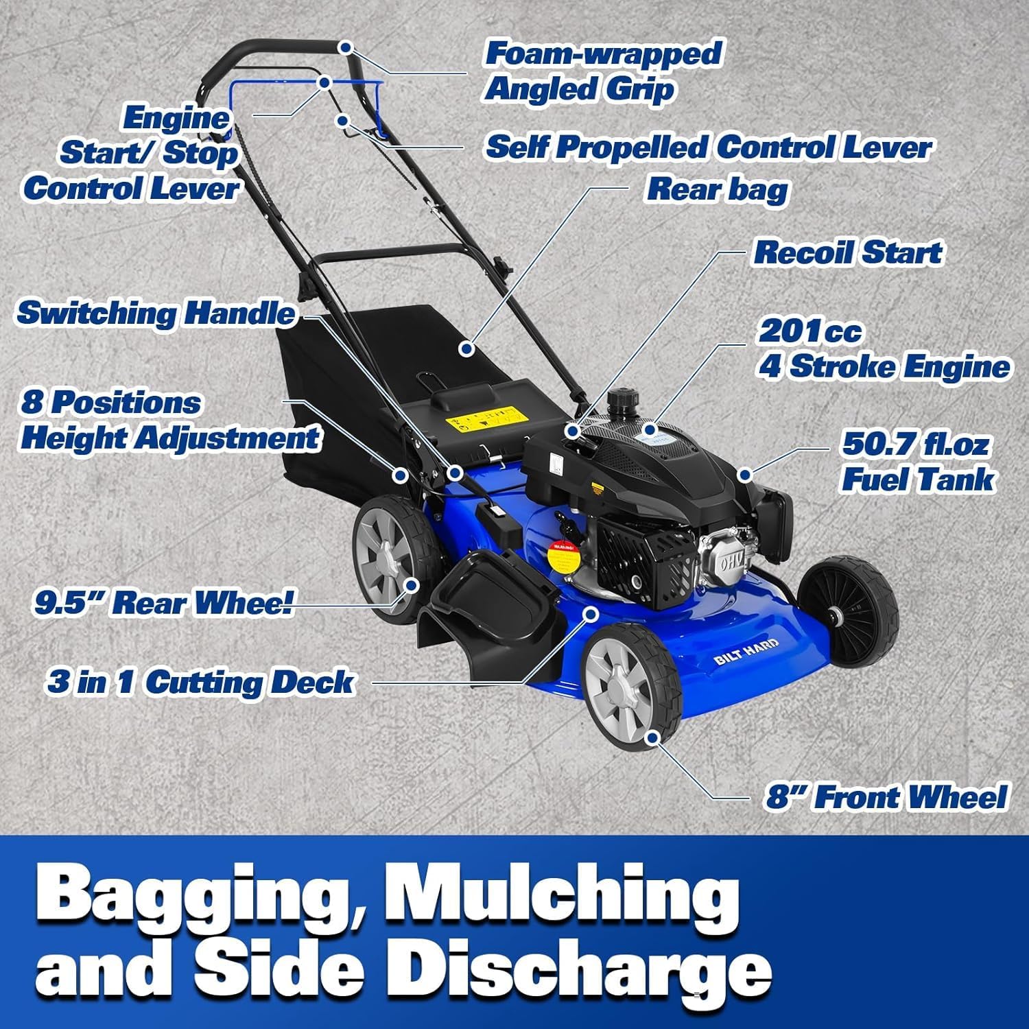 BILT HARD 21" Self Propelled Gas Lawn Mower – 201cc 4-Cycle OHV, 3-in-1 Bagging/Mulching/Side Discharge, 8 Adjustable Cutting Heights & Smooth Easy Start - Image 2
