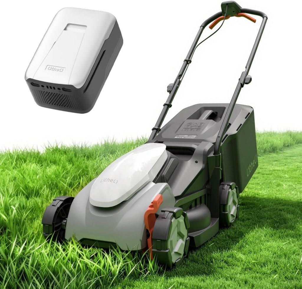 Litheli 14 Inch Battery Lawn Mower with 8.0Ah Long Runtime Battery, Brushless Motor, 5 Cutting Heights 1 to 2.5 Inch, 9 Gal Grass Catcher, Removable Handle, Ideal for Mid Size Lawns