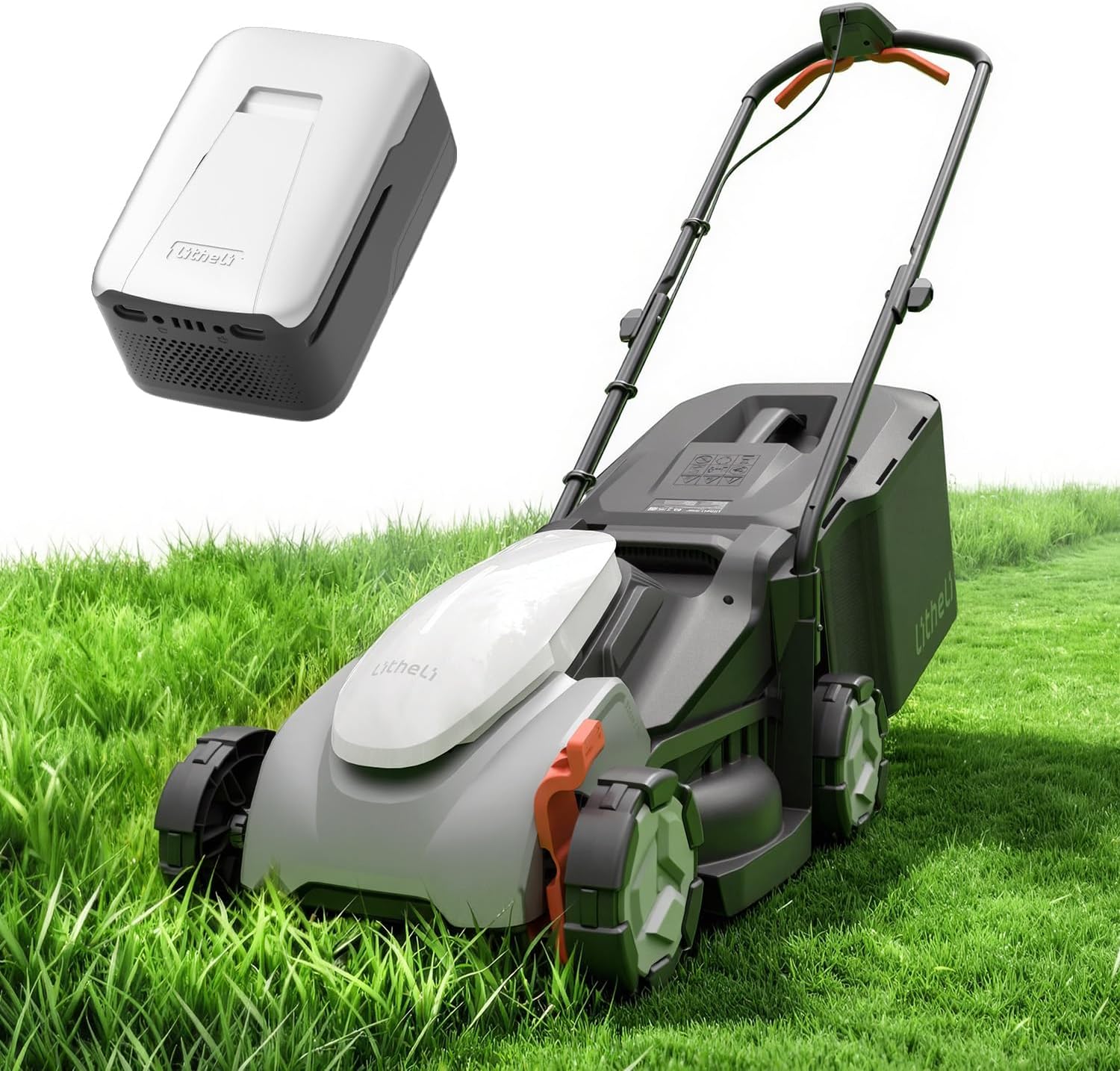Litheli 14 Inch Battery Lawn Mower with 8.0Ah Long Runtime Battery, Brushless Motor, 5 Cutting Heights 1 to 2.5 Inch, 9 Gal Grass Catcher, Removable Handle, Ideal for Mid Size Lawns - 1