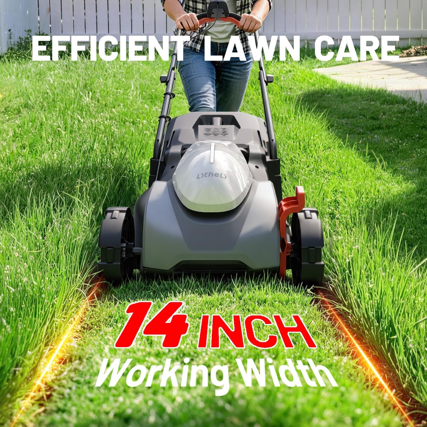 Litheli 14 Inch Battery Lawn Mower with 8.0Ah Long Runtime Battery, Brushless Motor, 5 Cutting Heights 1 to 2.5 Inch, 9 Gal Grass Catcher, Removable Handle, Ideal for Mid Size Lawns - Image 3