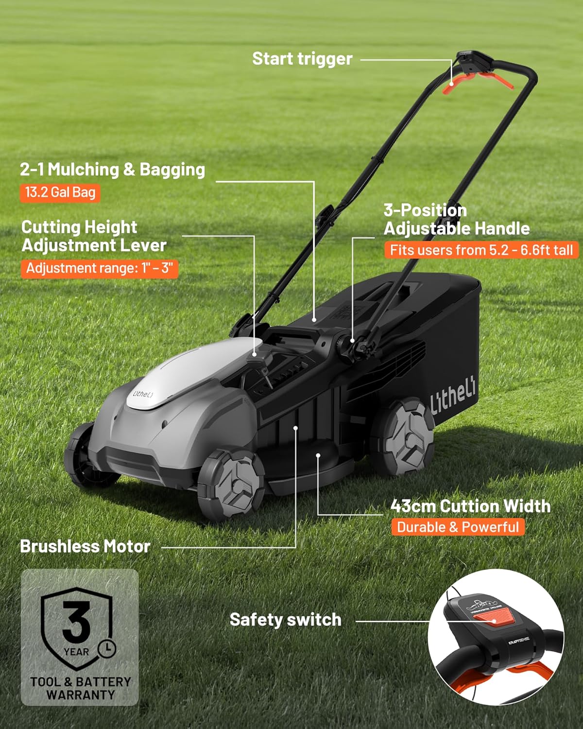 Litheli 40V 18" Cordless Lawn Mower, Brushless Motor, Electric Mower Battery Powered(2 x 5.0Ah Batteries), 2-in-1 Mulching & Bagging, for Small to Medium Yards - Image 3